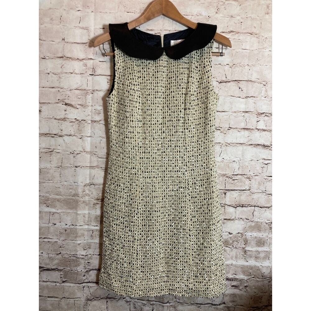 Lotus Grace Tweed Dress Womens 2 Silk & Leather‎ Peter Pan Collar Beige A Line